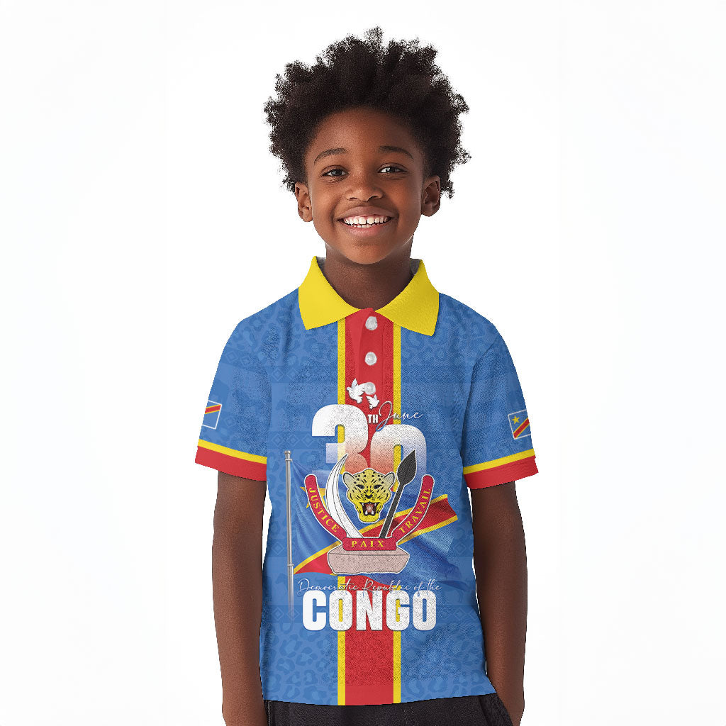 DR Congo Independence Day Kid Polo Shirt Leopard Pattern With Coat Of Arms