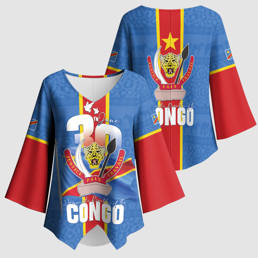 DR Congo Independence Day Kimono Sleeve Blouse Leopard Pattern With Coat Of Arms