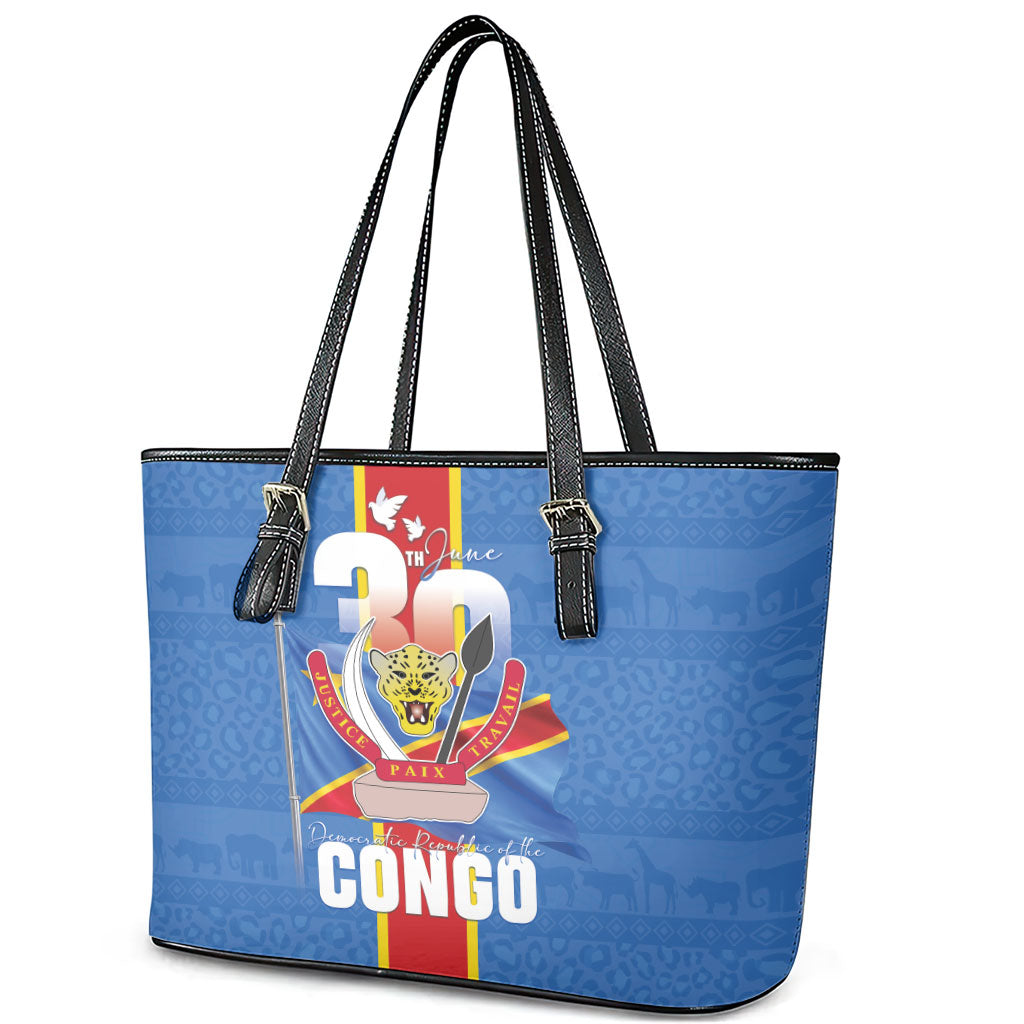 DR Congo Independence Day Leather Tote Bag Leopard Pattern With Coat Of Arms