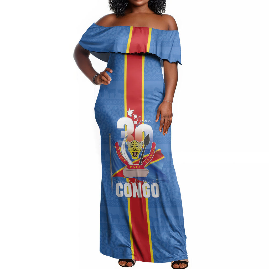 DR Congo Independence Day Off Shoulder Maxi Dress Leopard Pattern With Coat Of Arms