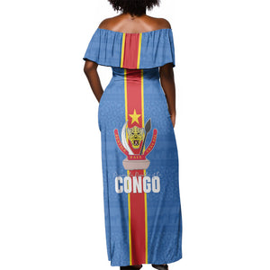 DR Congo Independence Day Off Shoulder Maxi Dress Leopard Pattern With Coat Of Arms