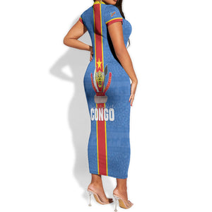 DR Congo Independence Day Short Sleeve Bodycon Dress Leopard Pattern With Coat Of Arms