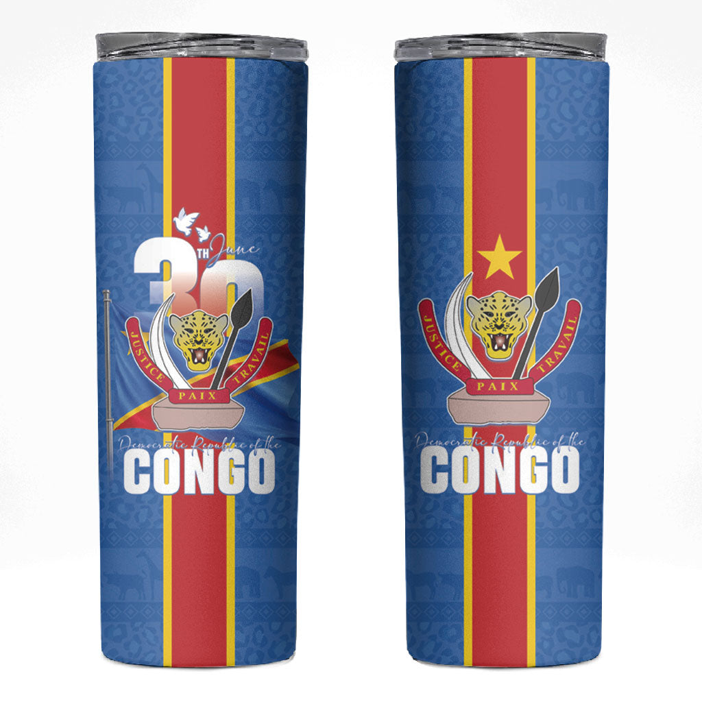 DR Congo Independence Day Skinny Tumbler Leopard Pattern With Coat Of Arms