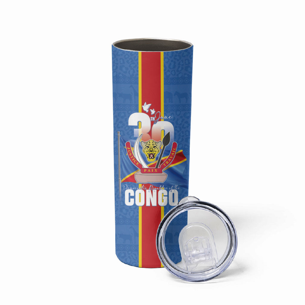 DR Congo Independence Day Skinny Tumbler Leopard Pattern With Coat Of Arms