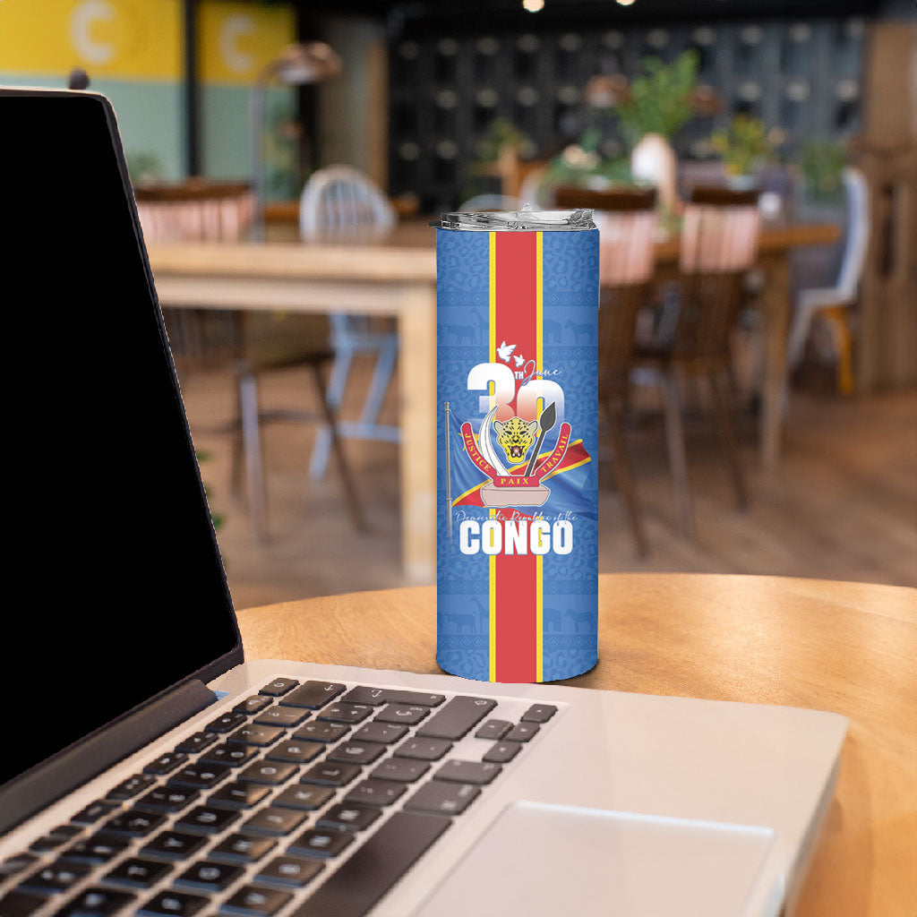 DR Congo Independence Day Skinny Tumbler Leopard Pattern With Coat Of Arms