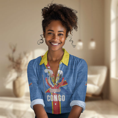 DR Congo Independence Day Women Casual Shirt Leopard Pattern With Coat Of Arms