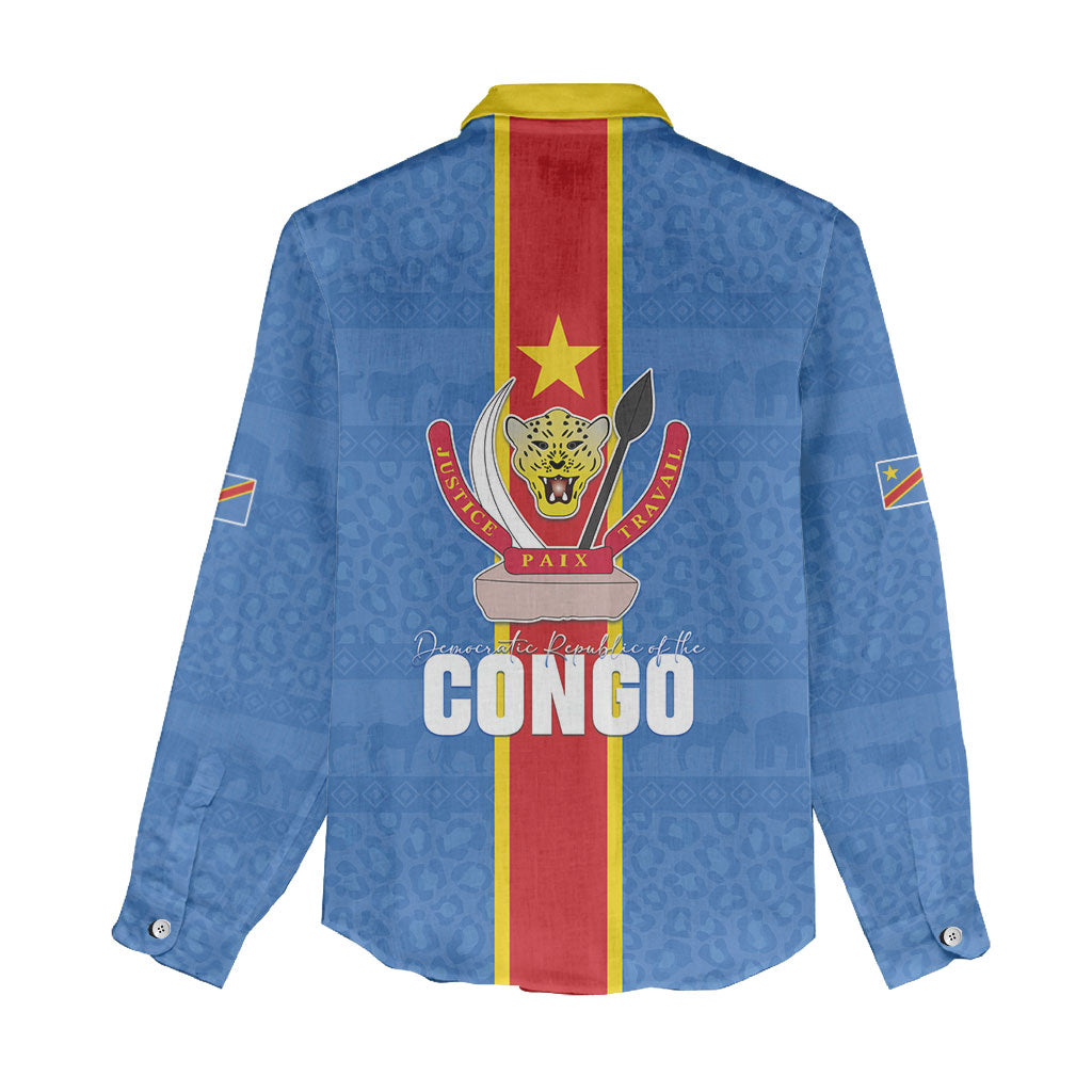 DR Congo Independence Day Women Casual Shirt Leopard Pattern With Coat Of Arms