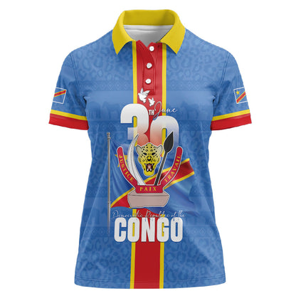 DR Congo Independence Day Women Polo Shirt Leopard Pattern With Coat Of Arms