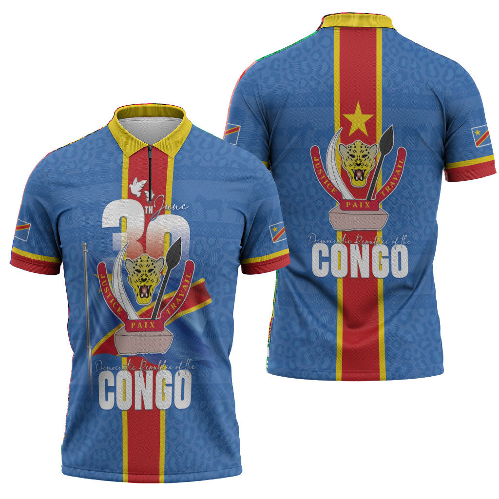 DR Congo Independence Day Zipper Polo Shirt Leopard Pattern With Coat Of Arms
