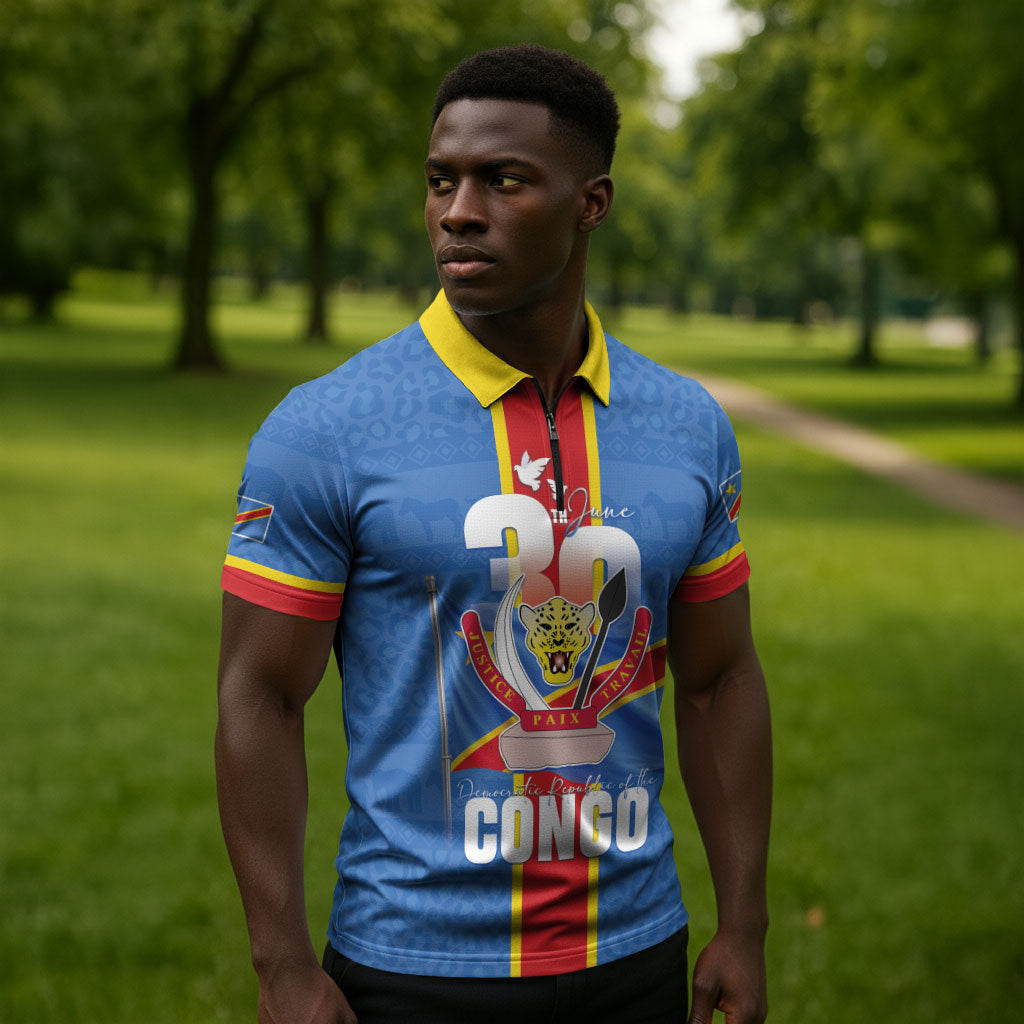 DR Congo Independence Day Zipper Polo Shirt Leopard Pattern With Coat Of Arms