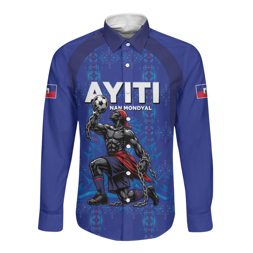 Custom Haiti Ayiti Nan Mondyal 2026 Long Sleeve Button Shirt Fyete Lit Victwa Blue Version