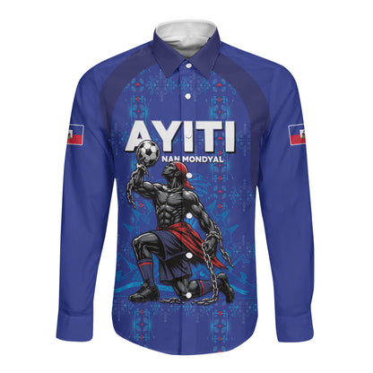 Custom Haiti Ayiti Nan Mondyal 2026 Long Sleeve Button Shirt Fyete Lit Victwa Blue Version