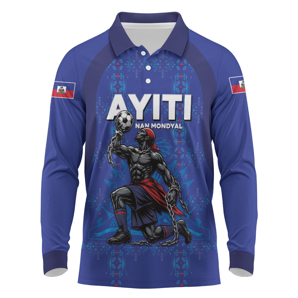 Custom Haiti Ayiti Nan Mondyal 2026 Long Sleeve Polo Shirt Fyete Lit Victwa Blue Version