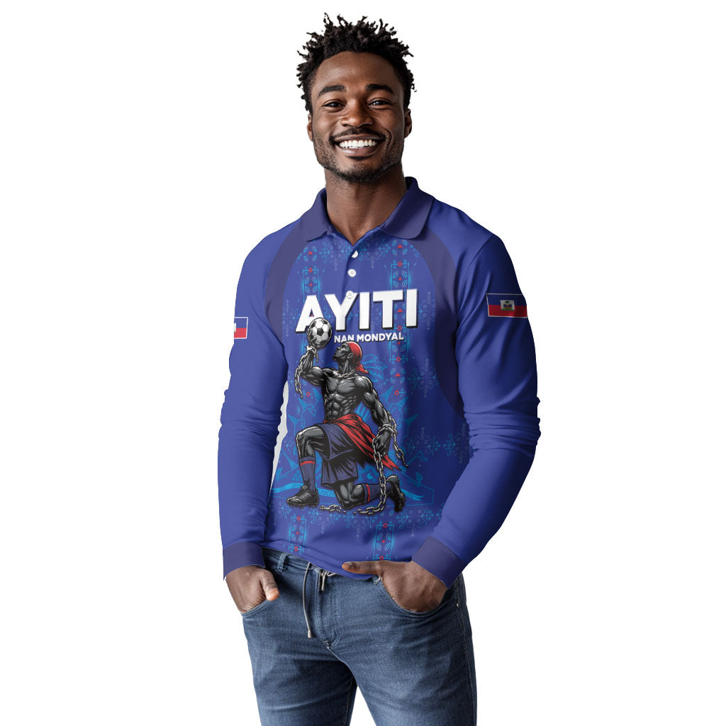 Custom Haiti Ayiti Nan Mondyal 2026 Long Sleeve Polo Shirt Fyete Lit Victwa Blue Version