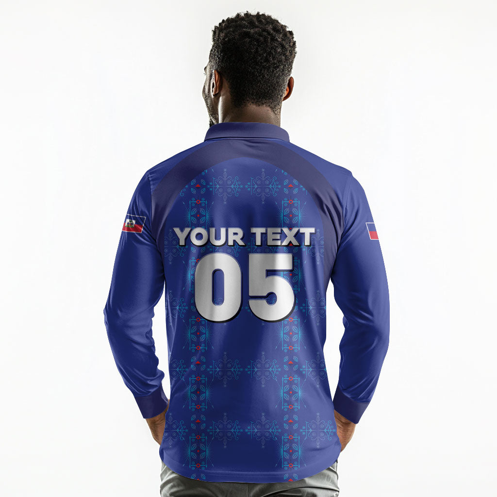 Custom Haiti Ayiti Nan Mondyal 2026 Long Sleeve Polo Shirt Fyete Lit Victwa Blue Version