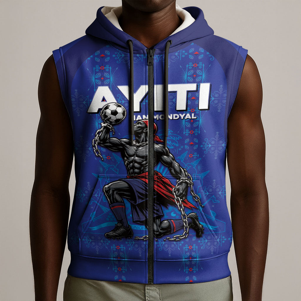 Custom Haiti Ayiti Nan Mondyal 2026 Sleeveless Zip Hoodie Fyete Lit Victwa Blue Version
