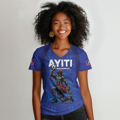 Custom Haiti Ayiti Nan Mondyal 2026 Women V-Neck T-Shirt Fyete Lit Victwa Blue Version