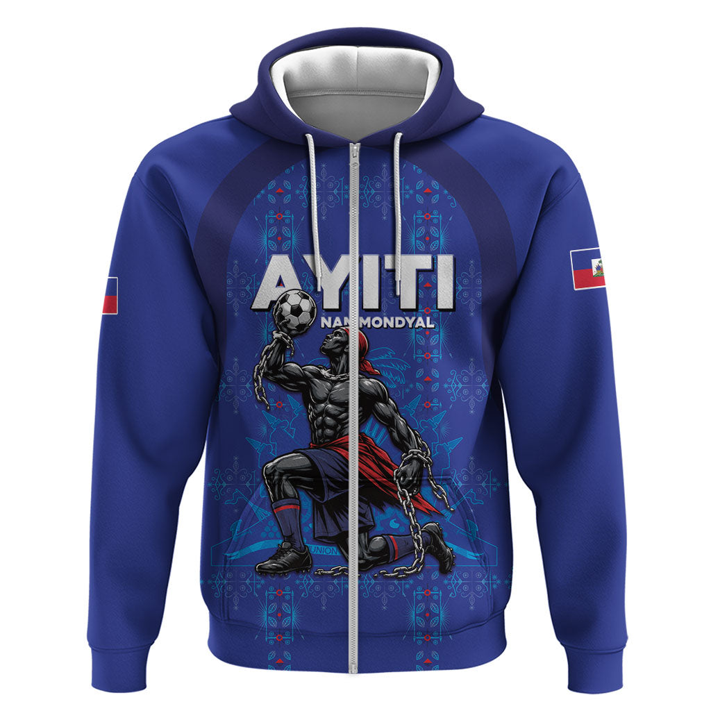 Custom Haiti Ayiti Nan Mondyal 2026 Zip Hoodie Fyete Lit Victwa Blue Version