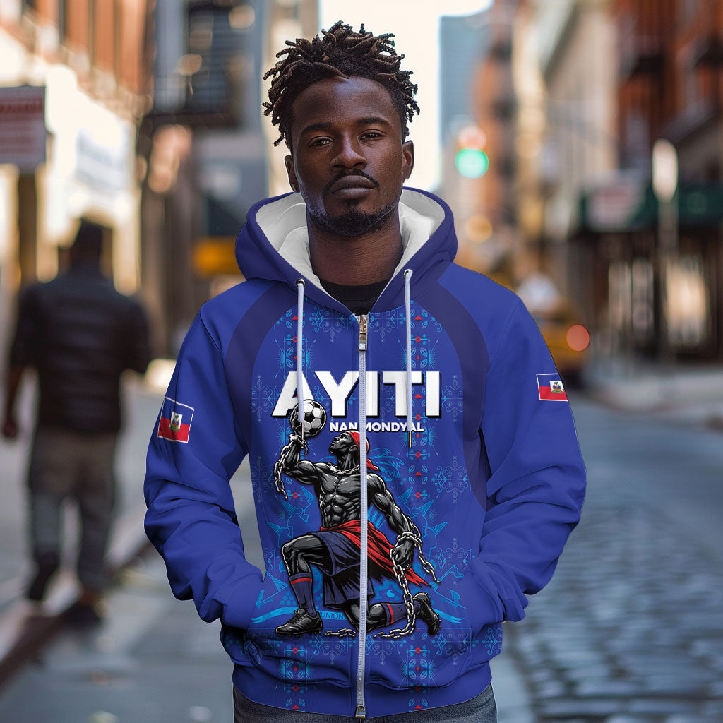 Custom Haiti Ayiti Nan Mondyal 2026 Zip Hoodie Fyete Lit Victwa Blue Version