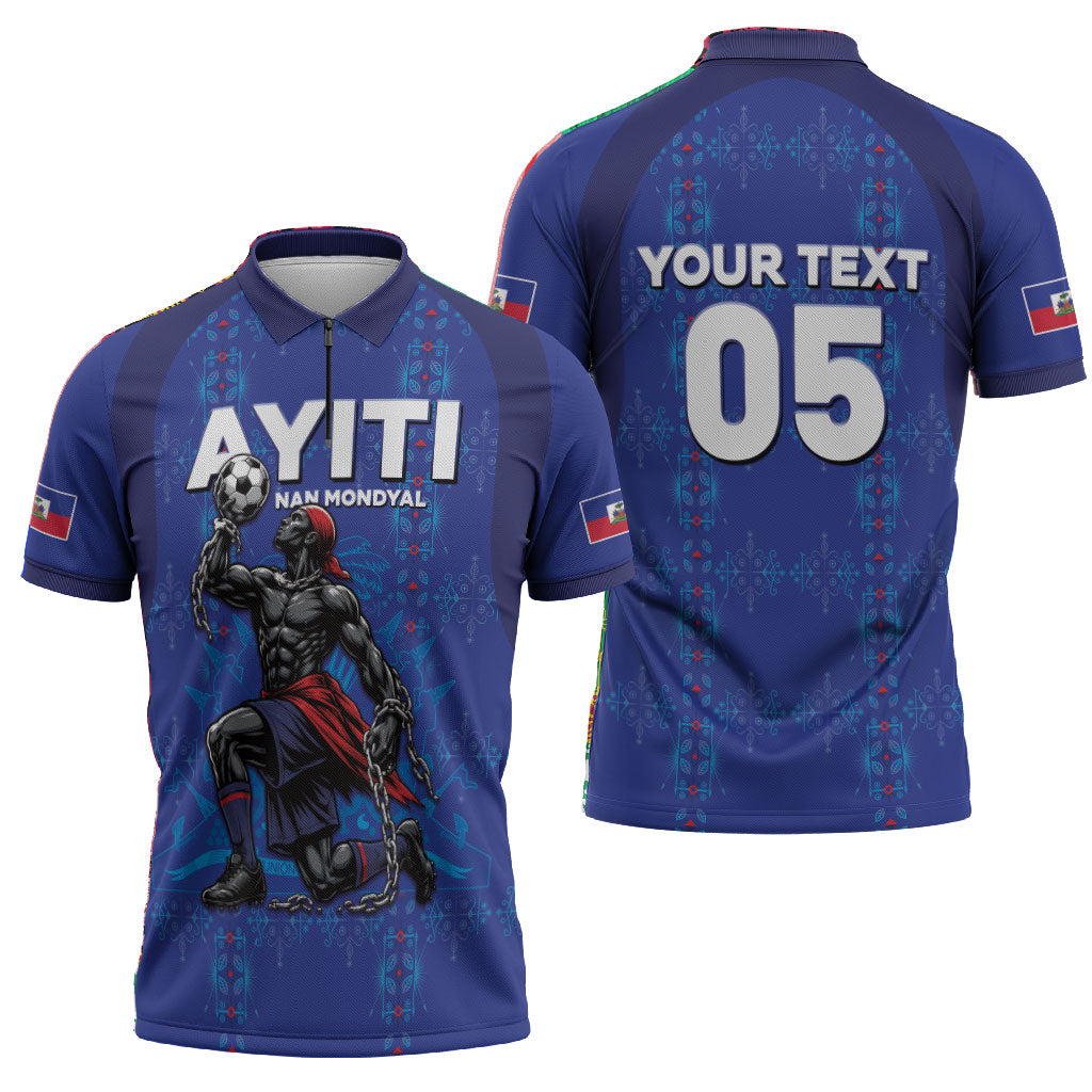 Custom Haiti Ayiti Nan Mondyal 2026 Zipper Polo Shirt Fyete Lit Victwa Blue Version