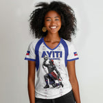 Custom Haiti Ayiti Nan Mondyal 2026 Women V-Neck T-Shirt Fyete Lit Victwa White Version
