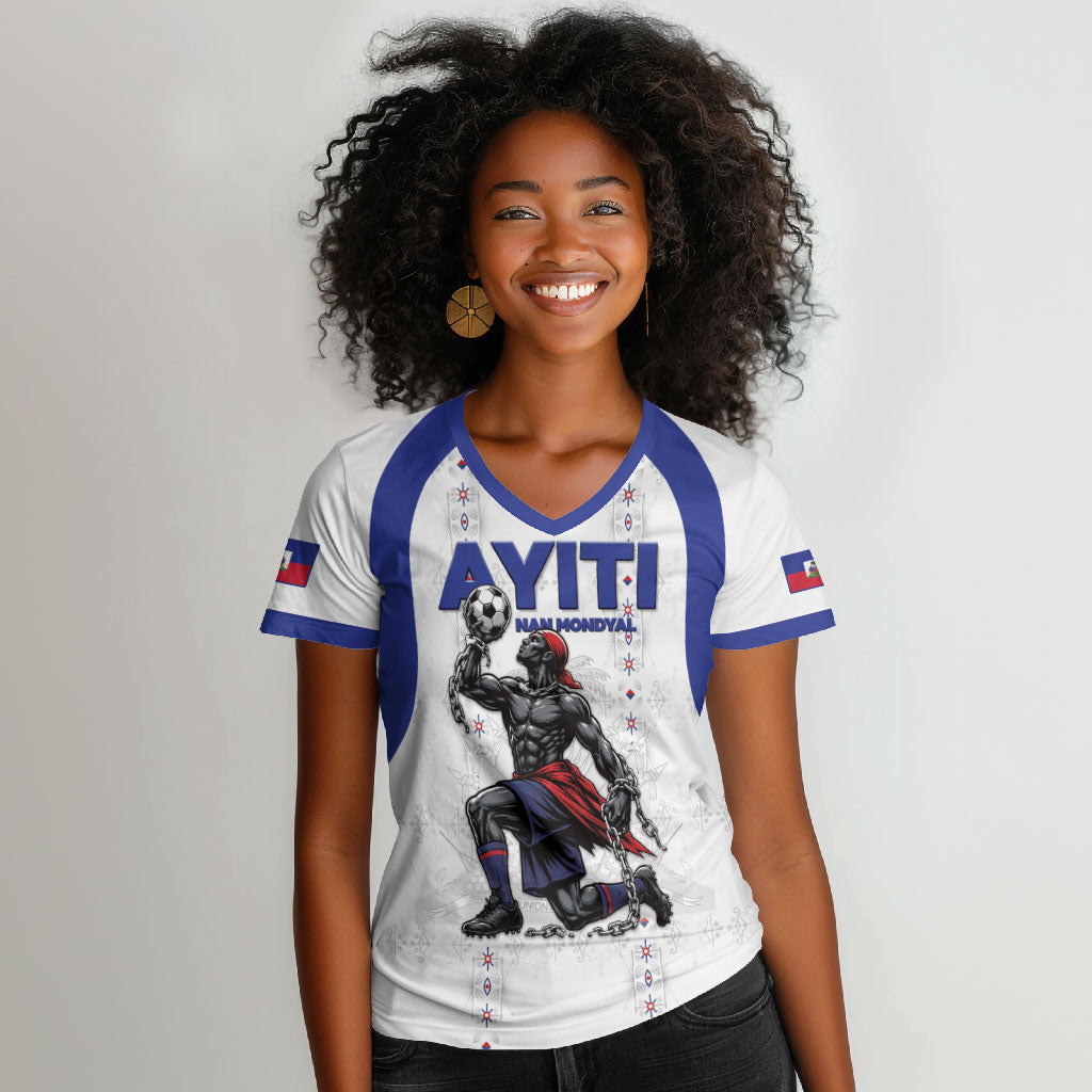 Custom Haiti Ayiti Nan Mondyal 2026 Women V-Neck T-Shirt Fyete Lit Victwa White Version