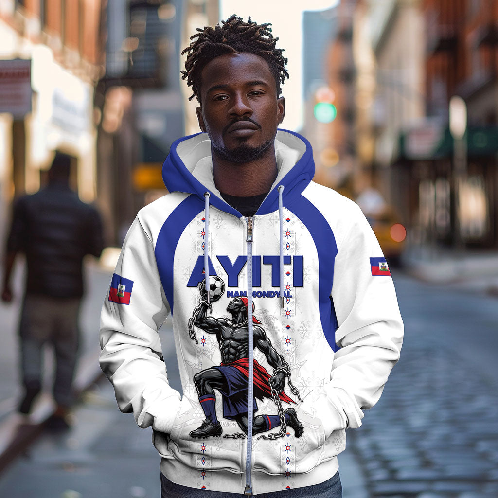 Custom Haiti Ayiti Nan Mondyal 2026 Zip Hoodie Fyete Lit Victwa White Version