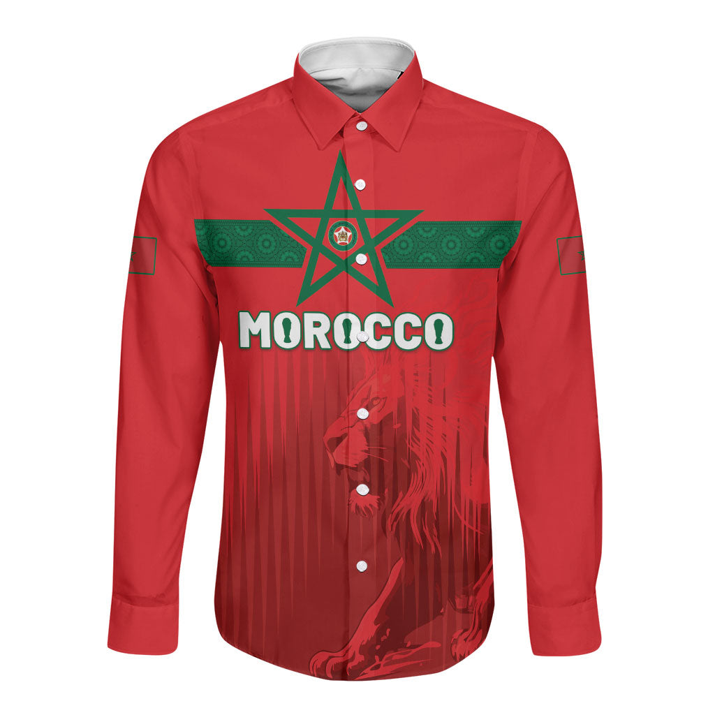 Custom Morocco Football 2026 Long Sleeve Button Shirt Atlas Lions Breathtaking Victory Red Version