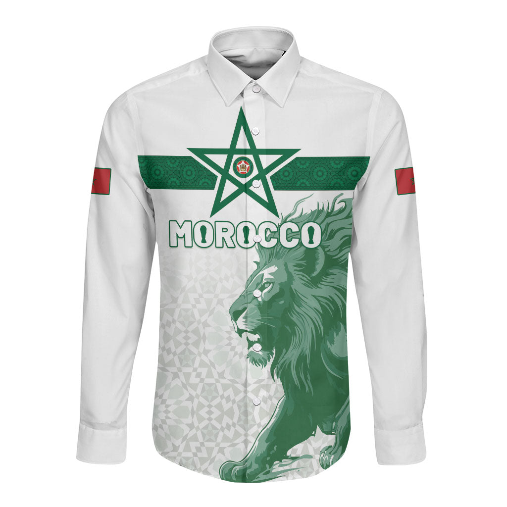 Custom Morocco Football 2026 Long Sleeve Button Shirt Atlas Lions Breathtaking Victory White Version