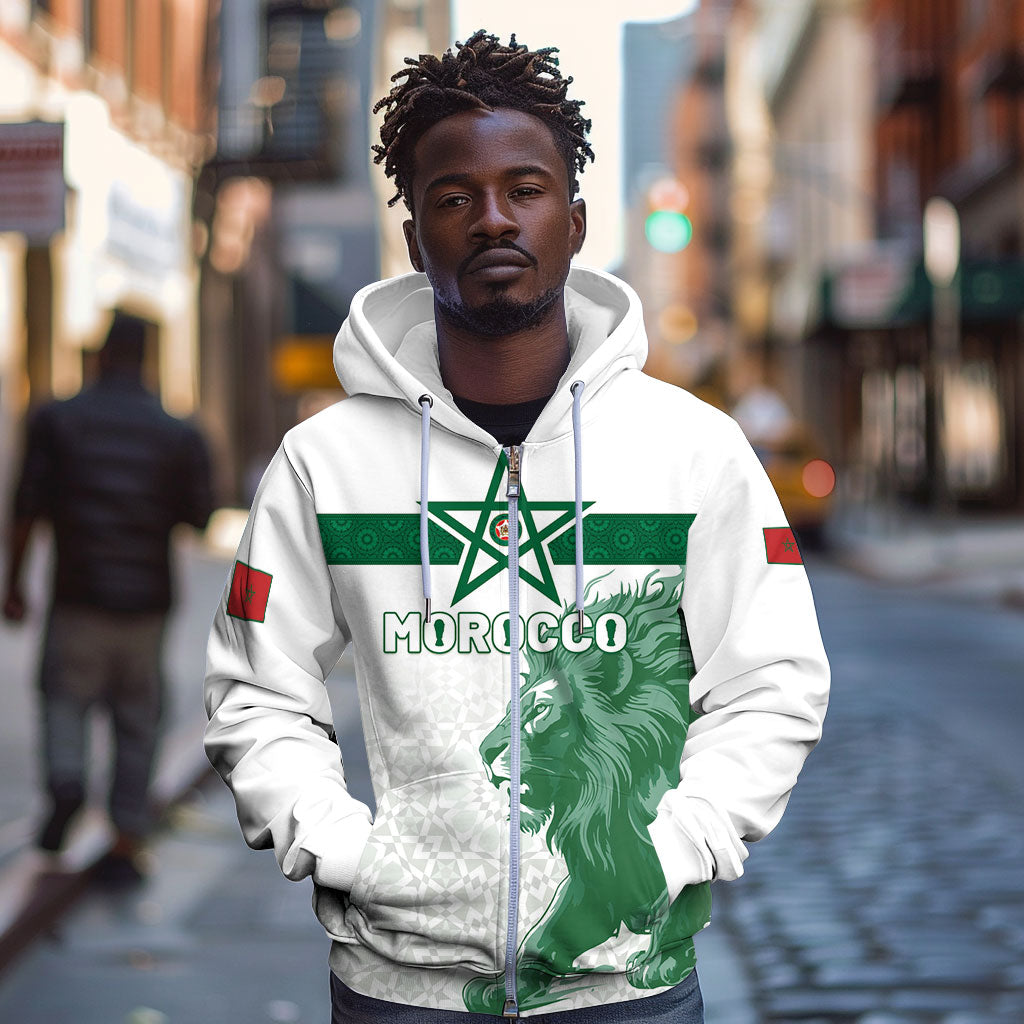 Custom Morocco Football 2026 Zip Hoodie Atlas Lions Breathtaking Victory White Version