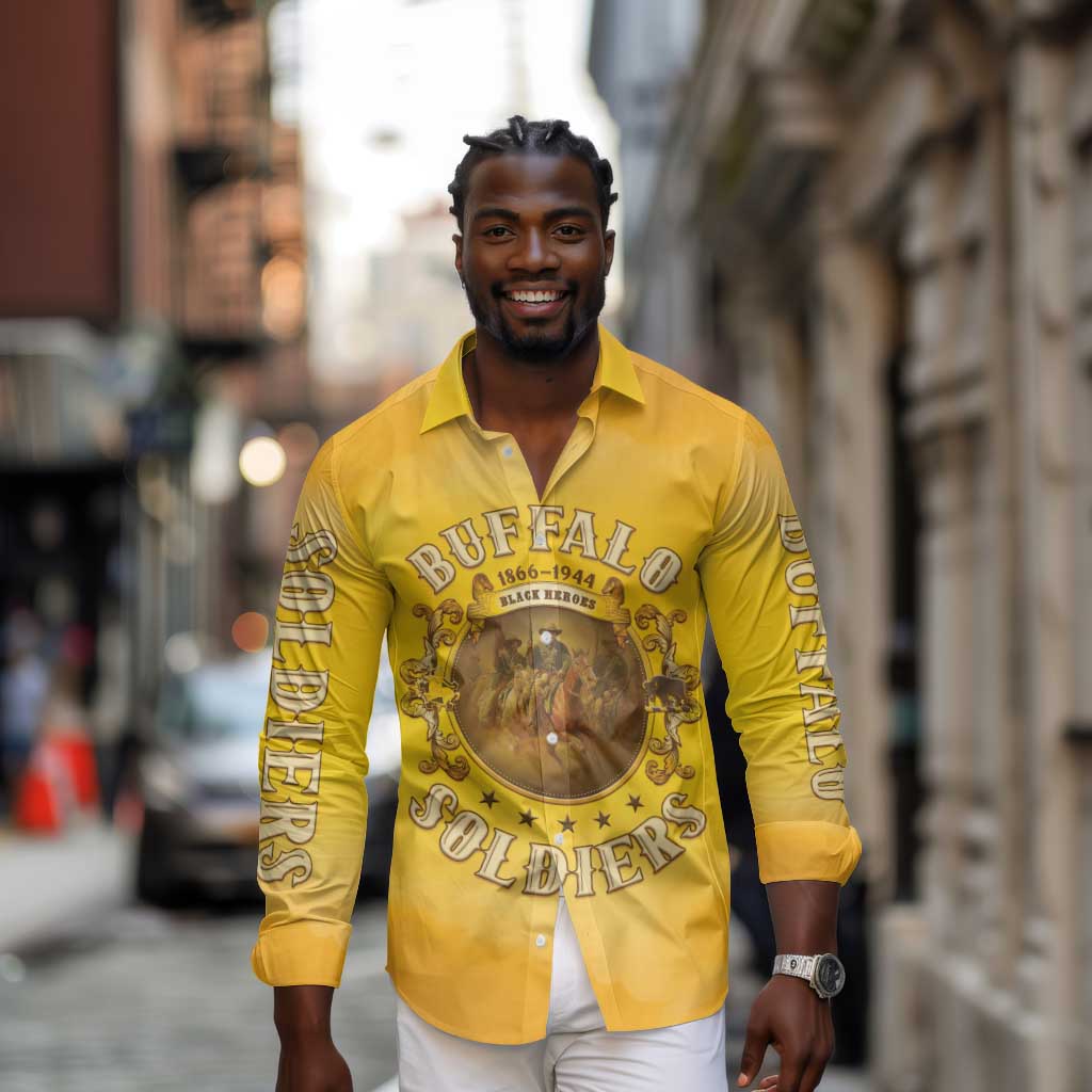 Honor Buffalo Soldiers Long Sleeve Button Shirt African American Cavalry Yellow Version - African Pride