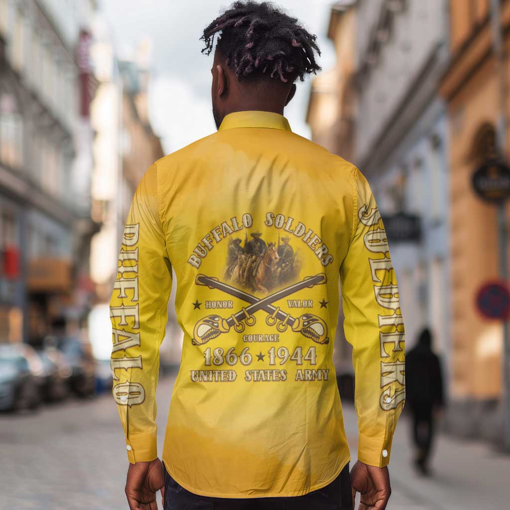 Honor Buffalo Soldiers Long Sleeve Button Shirt African American Cavalry Yellow Version - African Pride