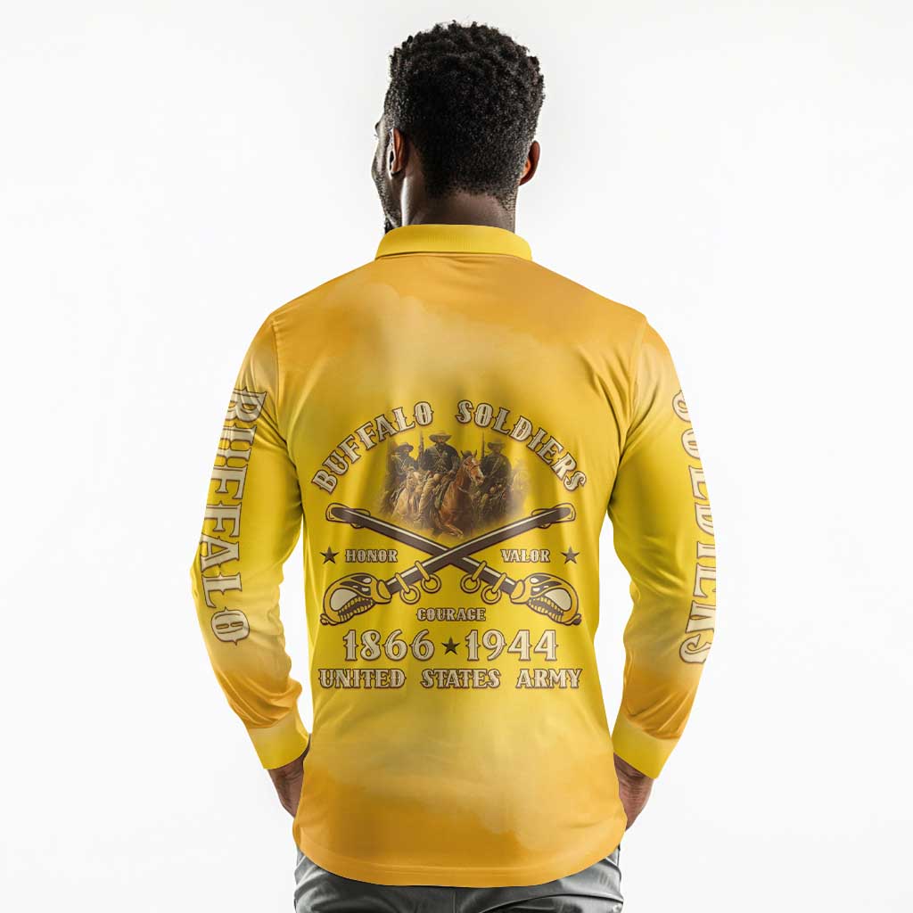 Honor Buffalo Soldiers Long Sleeve Polo Shirt African American Cavalry Yellow Version - African Pride