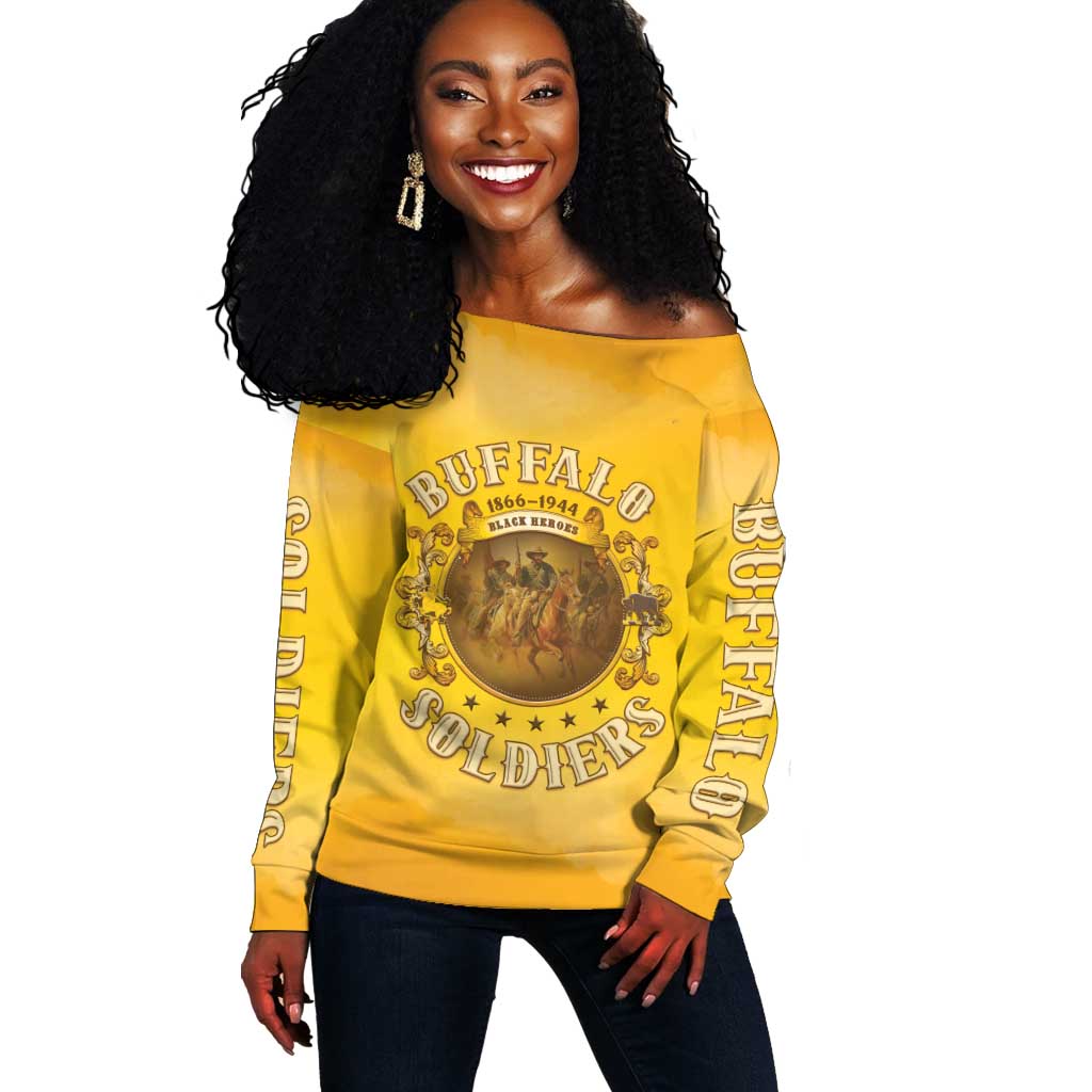 Honor Buffalo Soldiers Off Shoulder Sweater African American Cavalry Yellow Version - African Pride