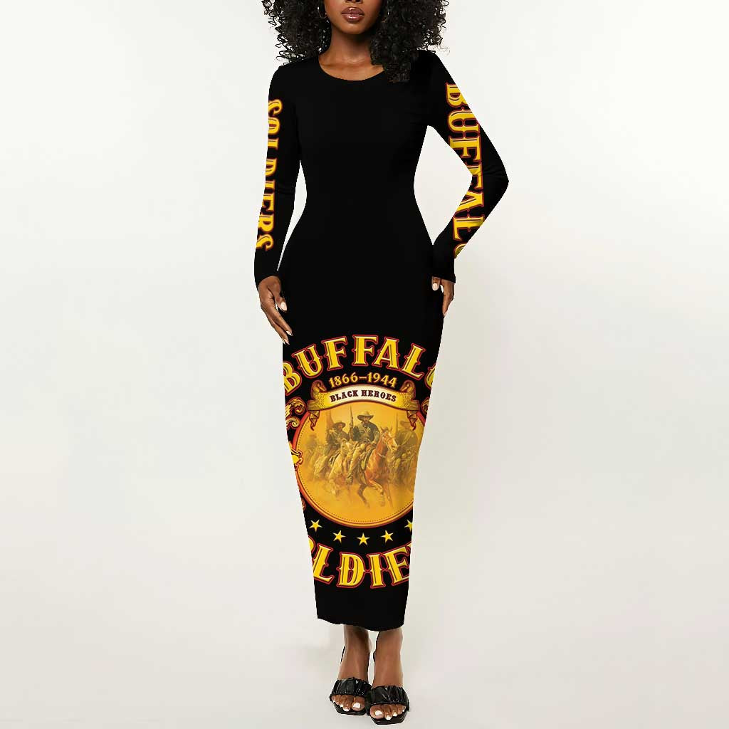 Honor Buffalo Soldiers Long Sleeve Bodycon Dress African American Cavalry Black Version - African Pride