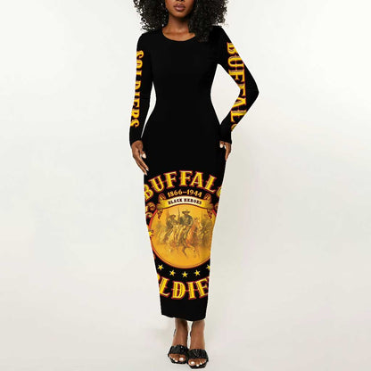 Honor Buffalo Soldiers Long Sleeve Bodycon Dress African American Cavalry Black Version - African Pride