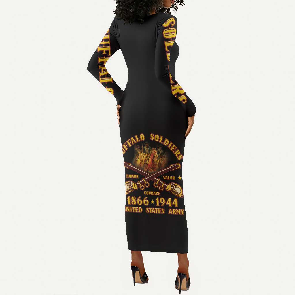 Honor Buffalo Soldiers Long Sleeve Bodycon Dress African American Cavalry Black Version - African Pride