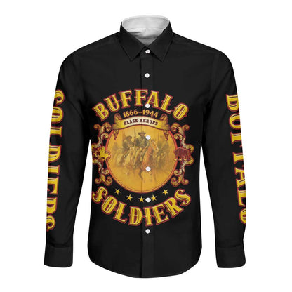 Honor Buffalo Soldiers Long Sleeve Button Shirt African American Cavalry Black Version - African Pride