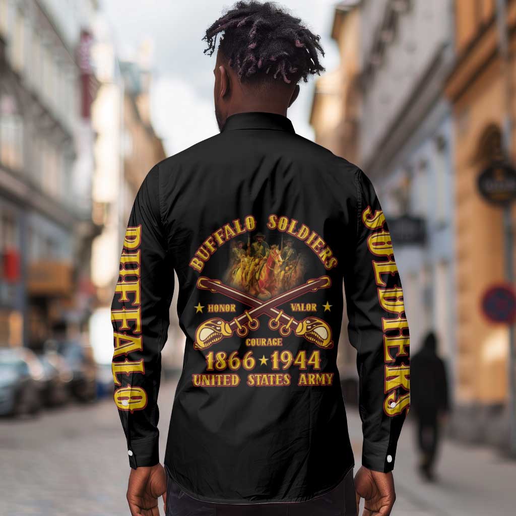 Honor Buffalo Soldiers Long Sleeve Button Shirt African American Cavalry Black Version - African Pride