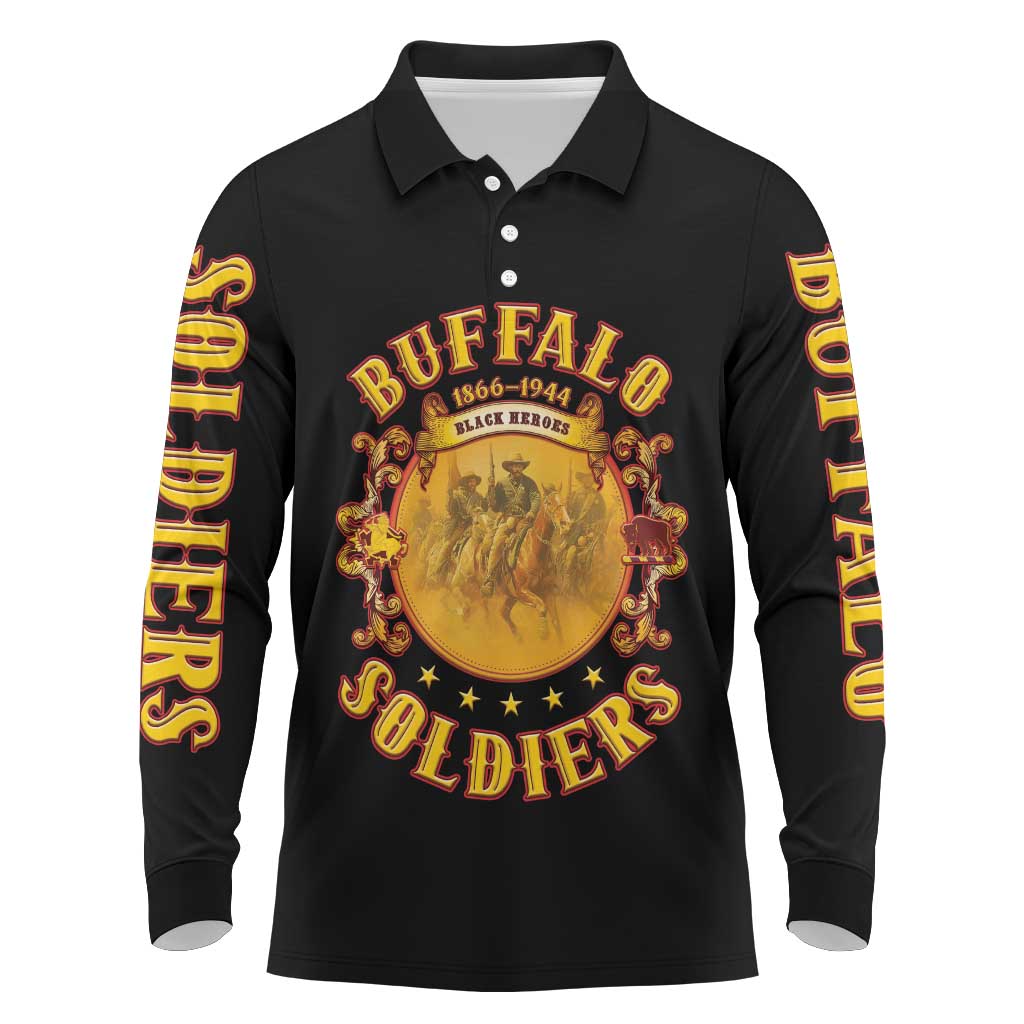 Honor Buffalo Soldiers Long Sleeve Polo Shirt African American Cavalry Black Version - African Pride