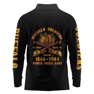 Honor Buffalo Soldiers Long Sleeve Polo Shirt African American Cavalry Black Version - African Pride