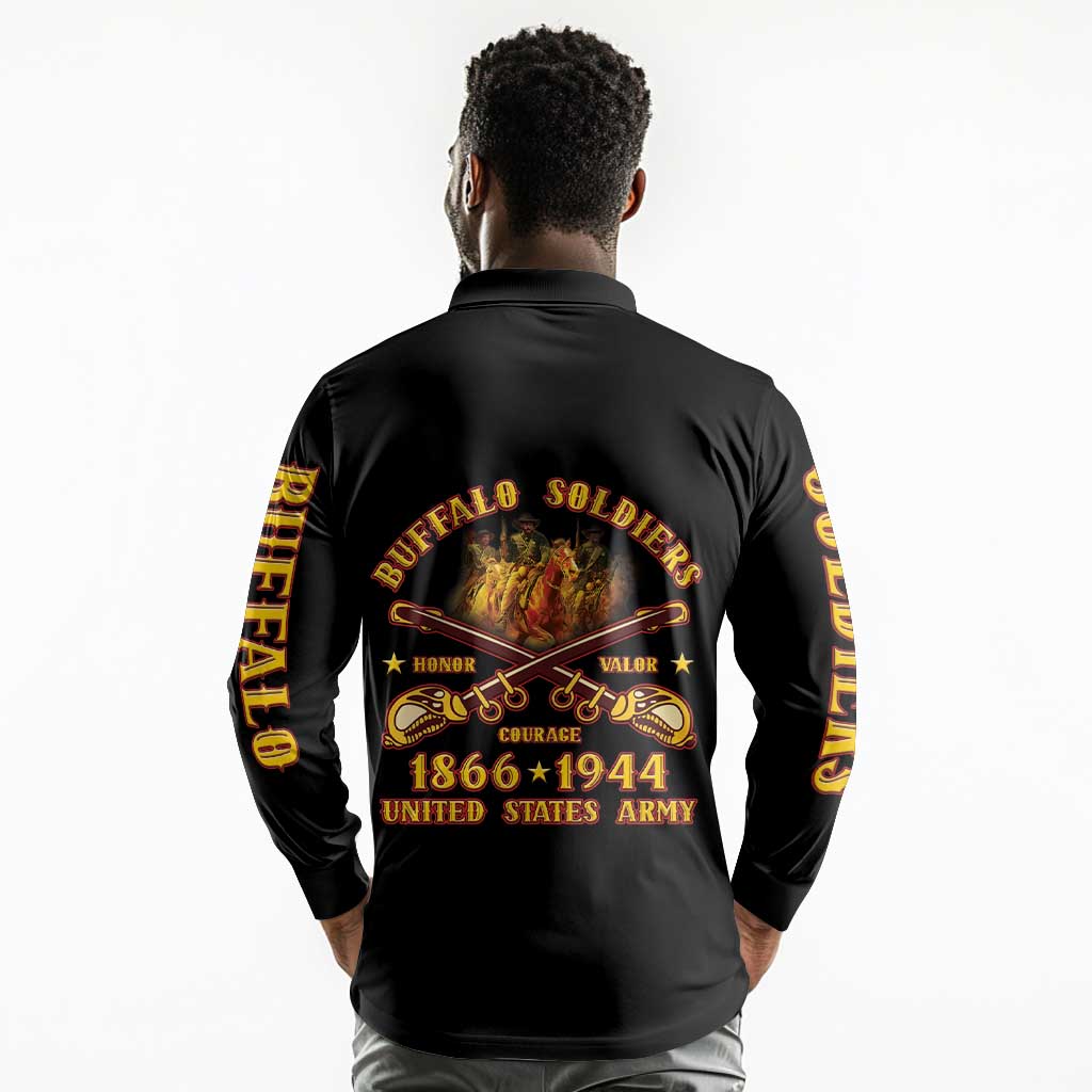 Honor Buffalo Soldiers Long Sleeve Polo Shirt African American Cavalry Black Version - African Pride