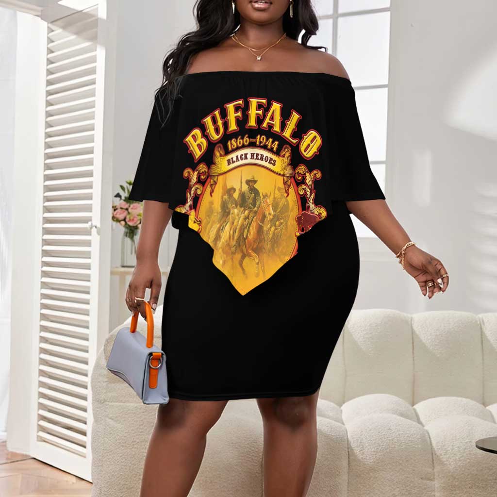 Honor Buffalo Soldiers Off Shoulder Short Dress African American Cavalry Black Version - African Pride