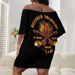 Honor Buffalo Soldiers Off Shoulder Short Dress African American Cavalry Black Version - African Pride