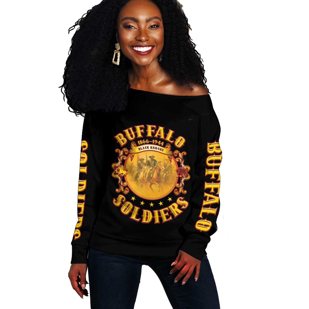 Honor Buffalo Soldiers Off Shoulder Sweater African American Cavalry Black Version - African Pride