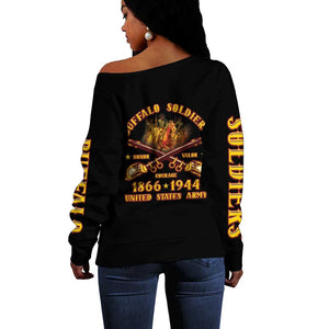 Honor Buffalo Soldiers Off Shoulder Sweater African American Cavalry Black Version - African Pride