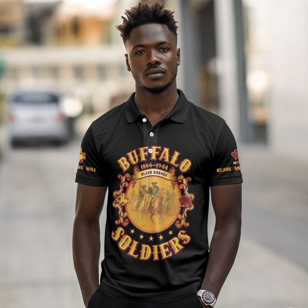 Honor Buffalo Soldiers Polo Shirt African American Cavalry Black Version - African Pride