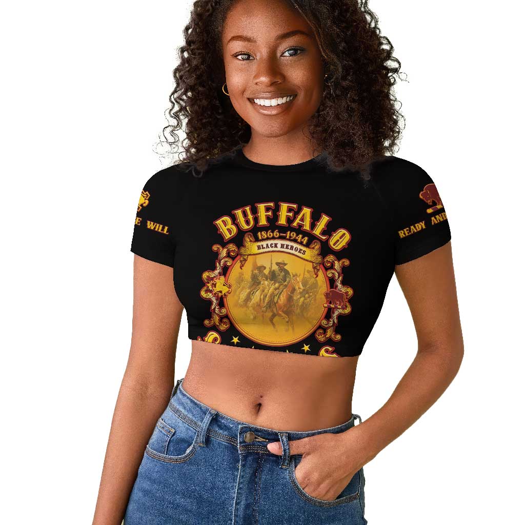 Honor Buffalo Soldiers Raglan Cropped T shirt African American Cavalry Black Version - African Pride