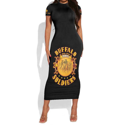 Honor Buffalo Soldiers Short Sleeve Bodycon Dress African American Cavalry Black Version - African Pride
