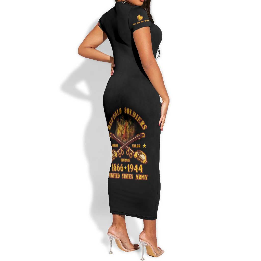 Honor Buffalo Soldiers Short Sleeve Bodycon Dress African American Cavalry Black Version - African Pride